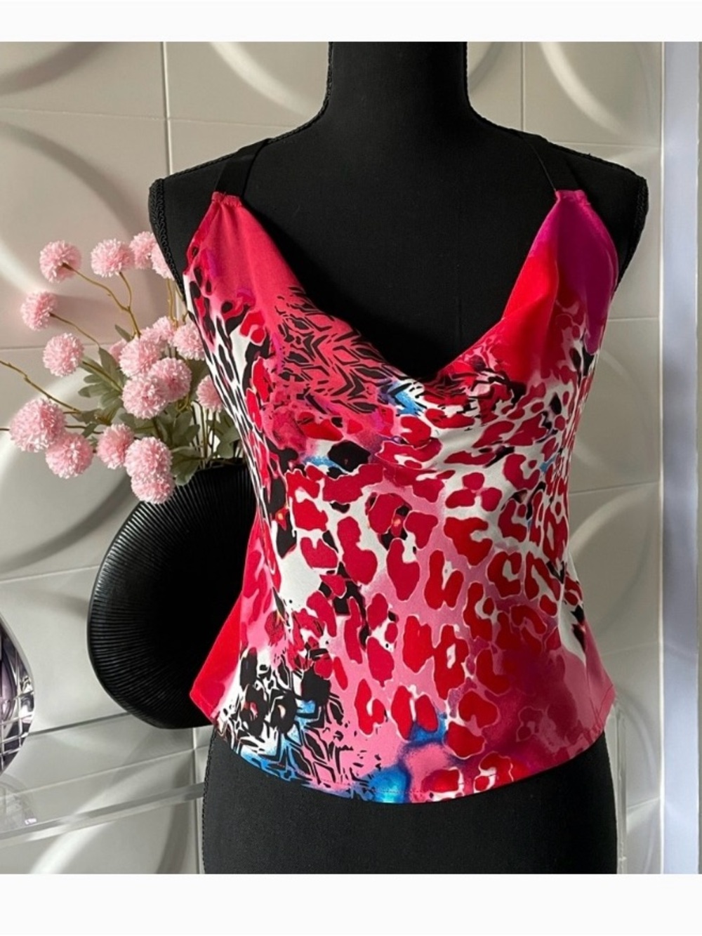 Bebe  Pink Red Animal-Print Cowl Neck Camisole